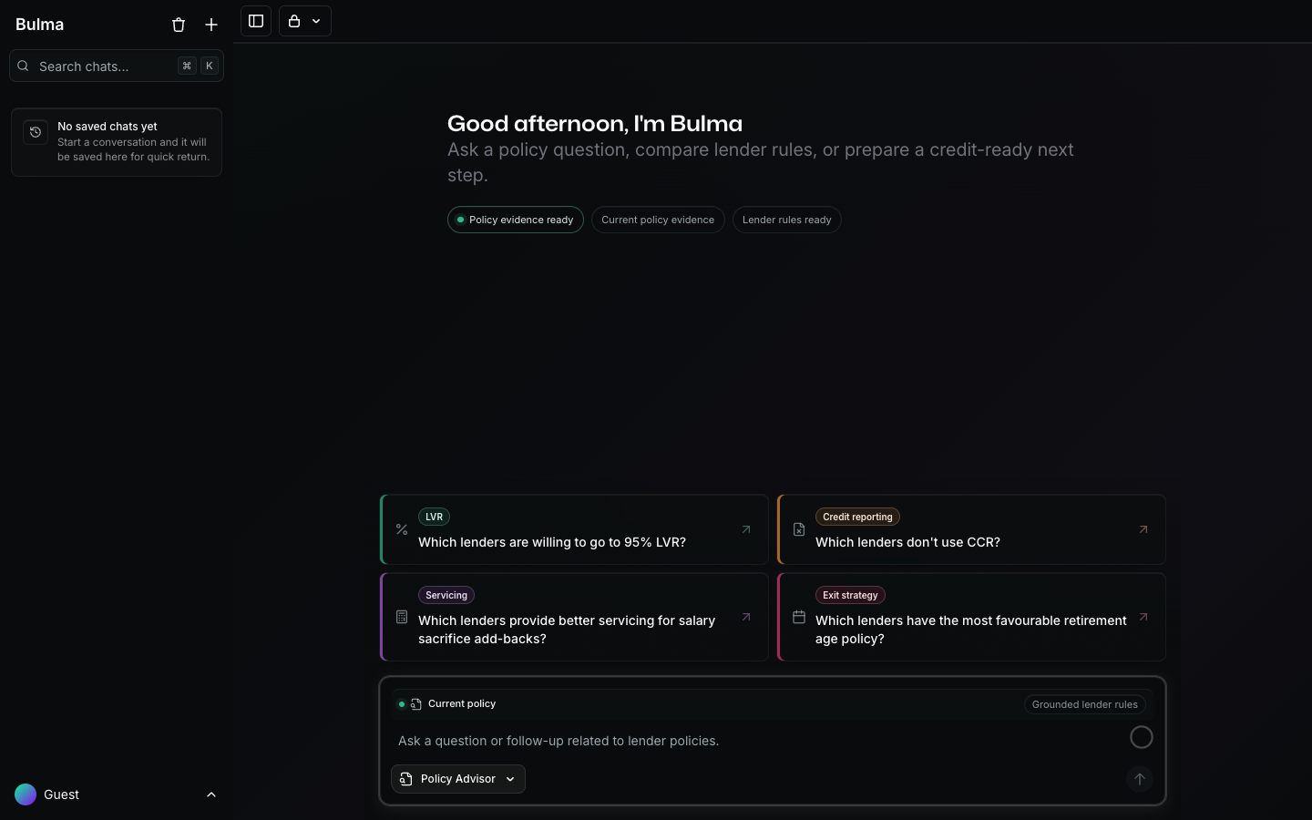 Bulma Policy Advisor workspace with suggested lender policy questions - Bulma AI assistant for Australian mortgage brokers focused on scenario planning, credit assessment, policy matching, and lender selection